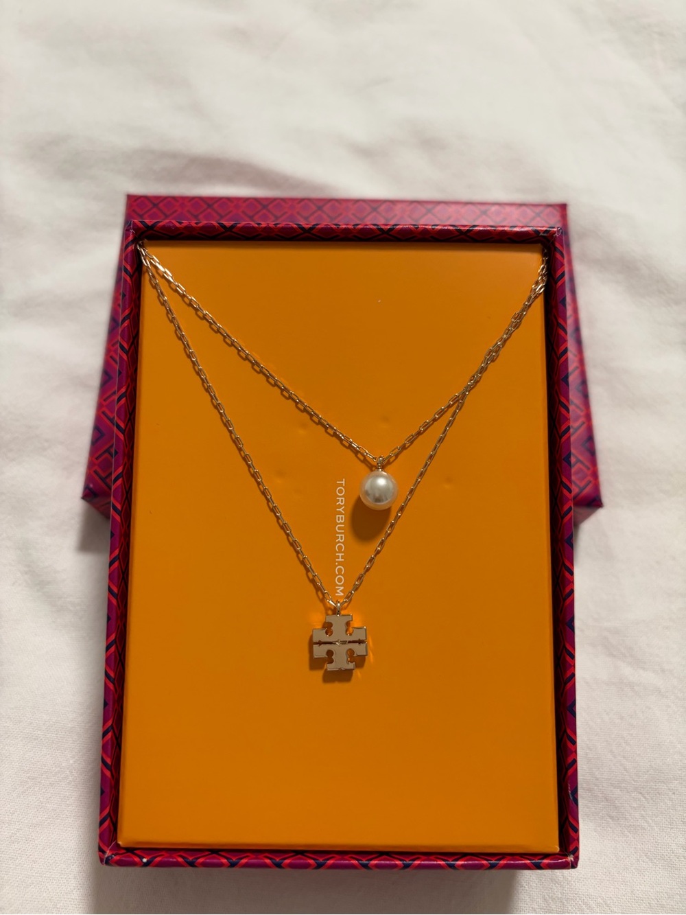 Tory Burch Gold Double-Layer Logo Necklace with Pearl Charm - Gold